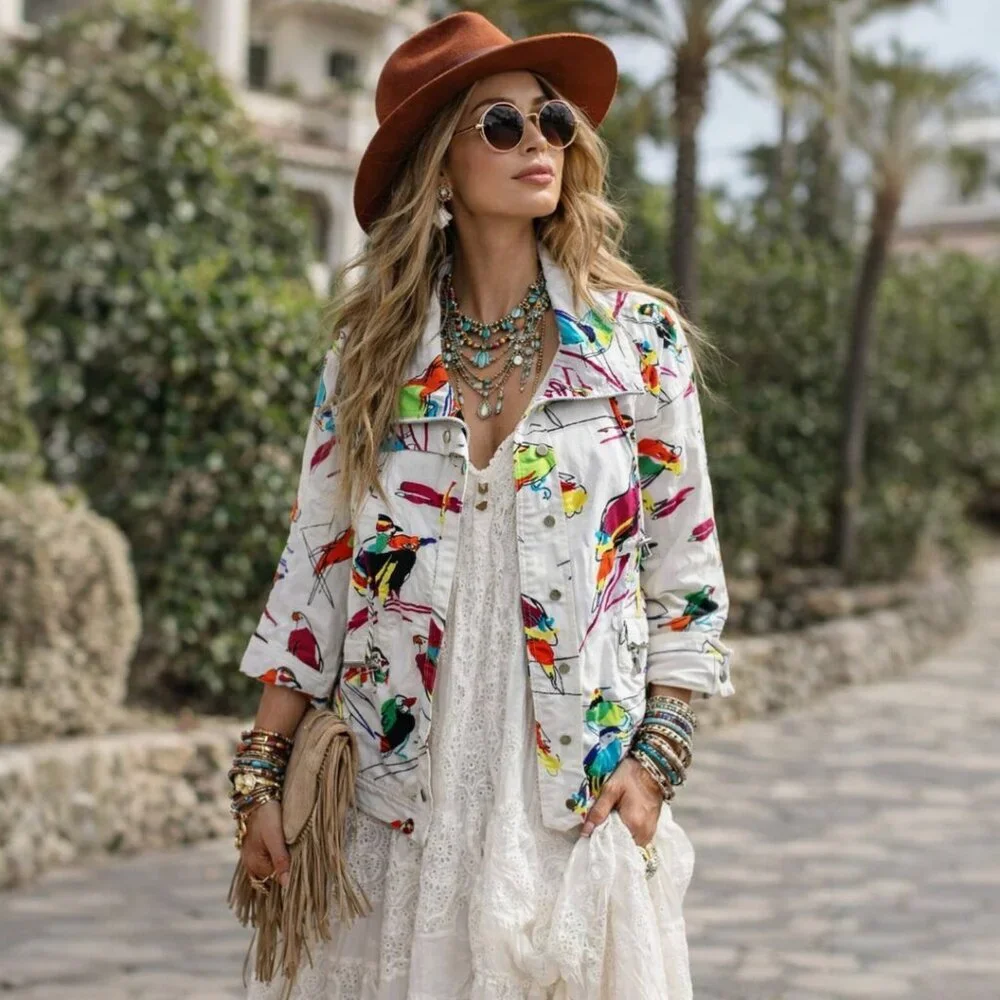 Berek White Multi Abstract Tropical Bird Cotton Jacket Size Large